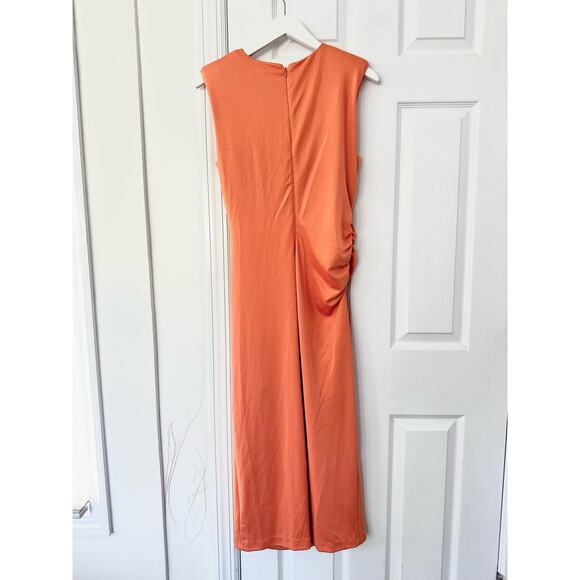 Evereve Zoe Strong Shoulder Ruched Midi Minimalist Slip Dress Orange Sorbet S - Picture 10 of 12